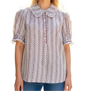 NEW Max Studio Floral Print Puff Sleeve Peter Pan Collar Blouse